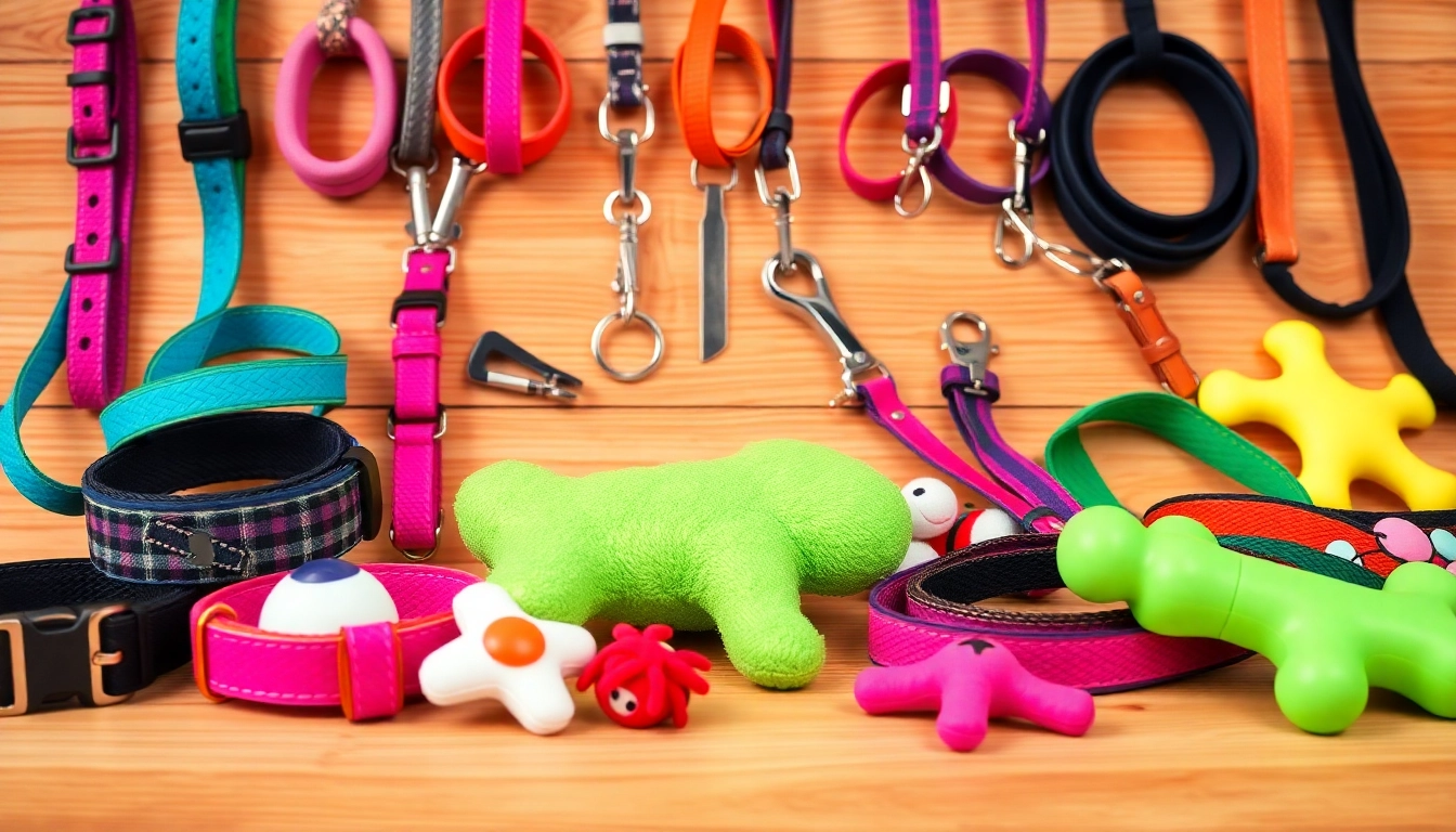 Showcase a variety of pet accessories, including colorful collars and stylish leashes in a warm setting.