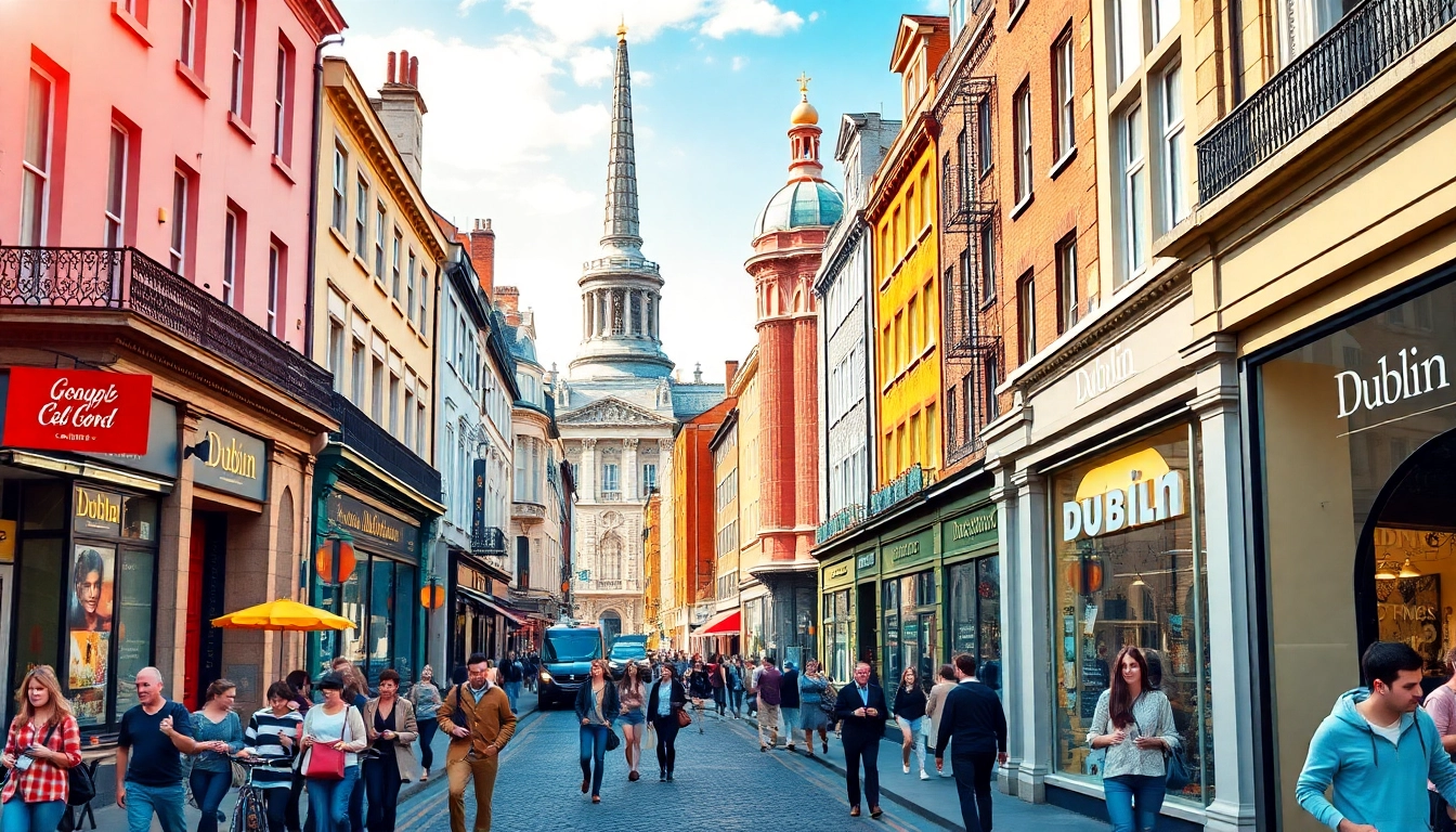 Poster printing Dublin, vibrant street scene in Dublin with landmarks and people enjoying the day.