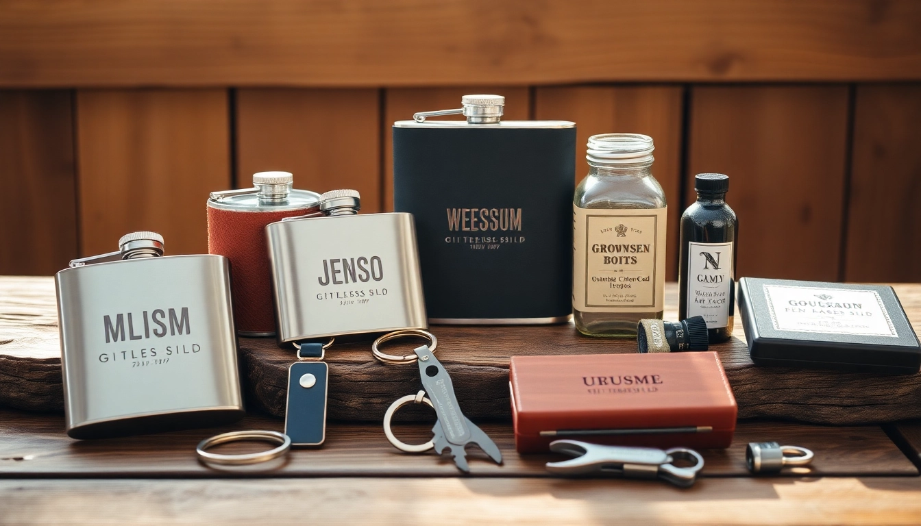 Showcase cheap groomsmen gifts including personalized flasks, keychains, and multi-tools arranged attractively on a wooden table.