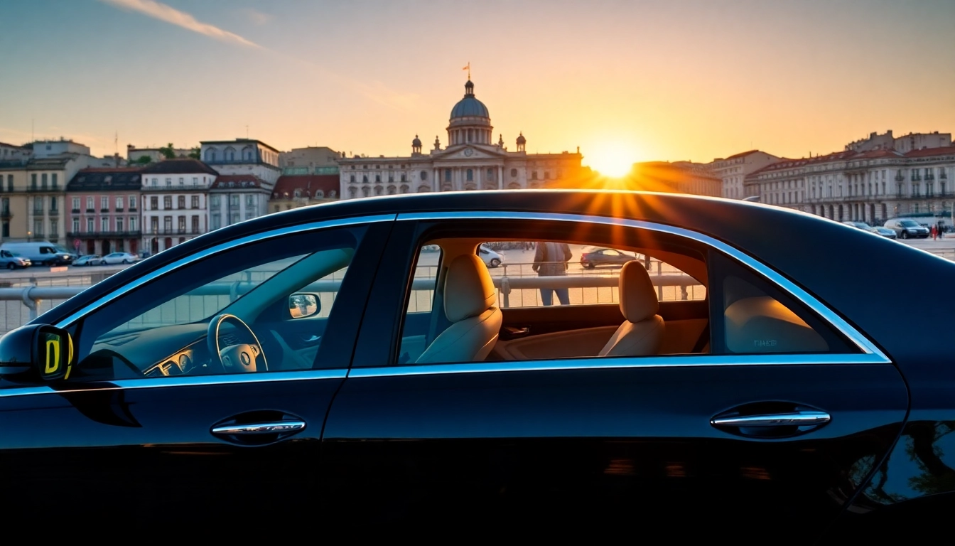 Luxury hire chauffeur Lisbon with a stylish car parked near a beautiful Lisbon landmark