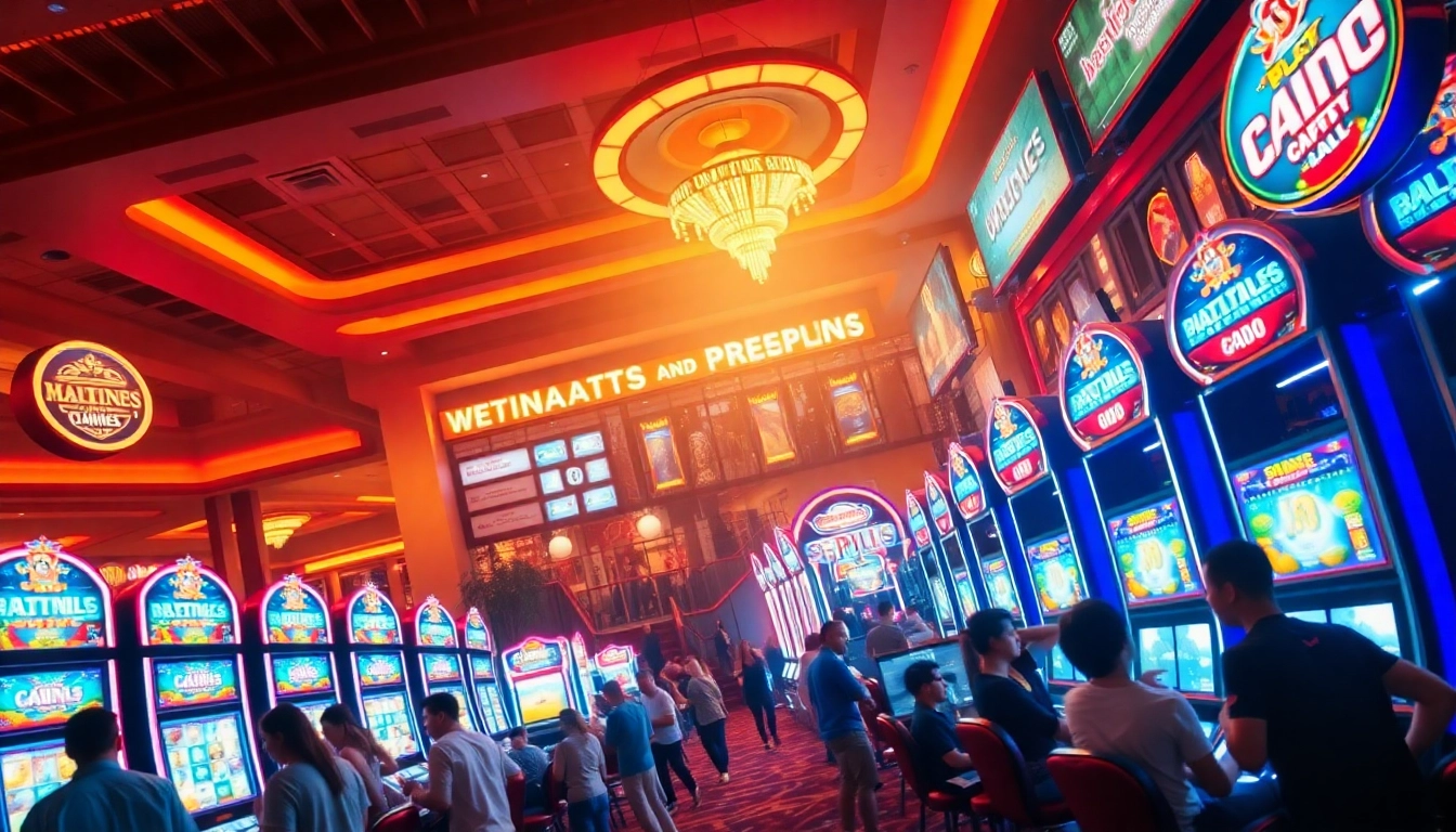 Experience the thrill of the ok win casino ambiance with people enjoying games under bright lights.