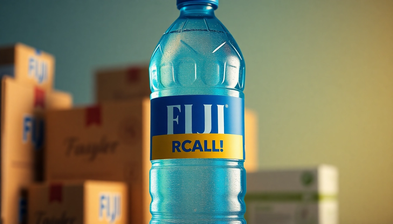 Highlight fda recalls fiji water with a focus on a bottle and warning label, promoting consumer safety.