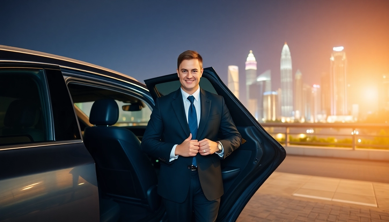 Professional chauffeur hire Kuala Lumpur features a well-dressed driver assisting a passenger with a luxury vehicle.