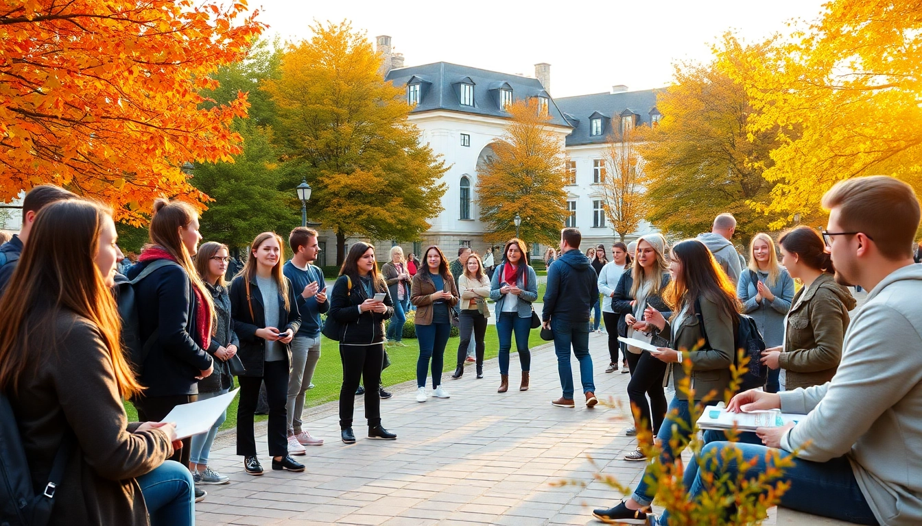 Students engaged in discussions about Polonya'da Üniversite Eğitimi amidst colorful autumn foliage.