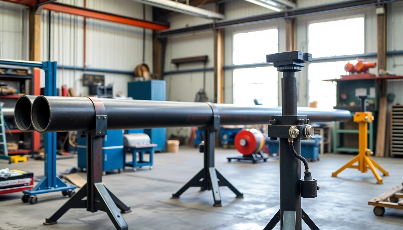 Adjustable pipe stands securely holding pipes for various welding and construction applications.