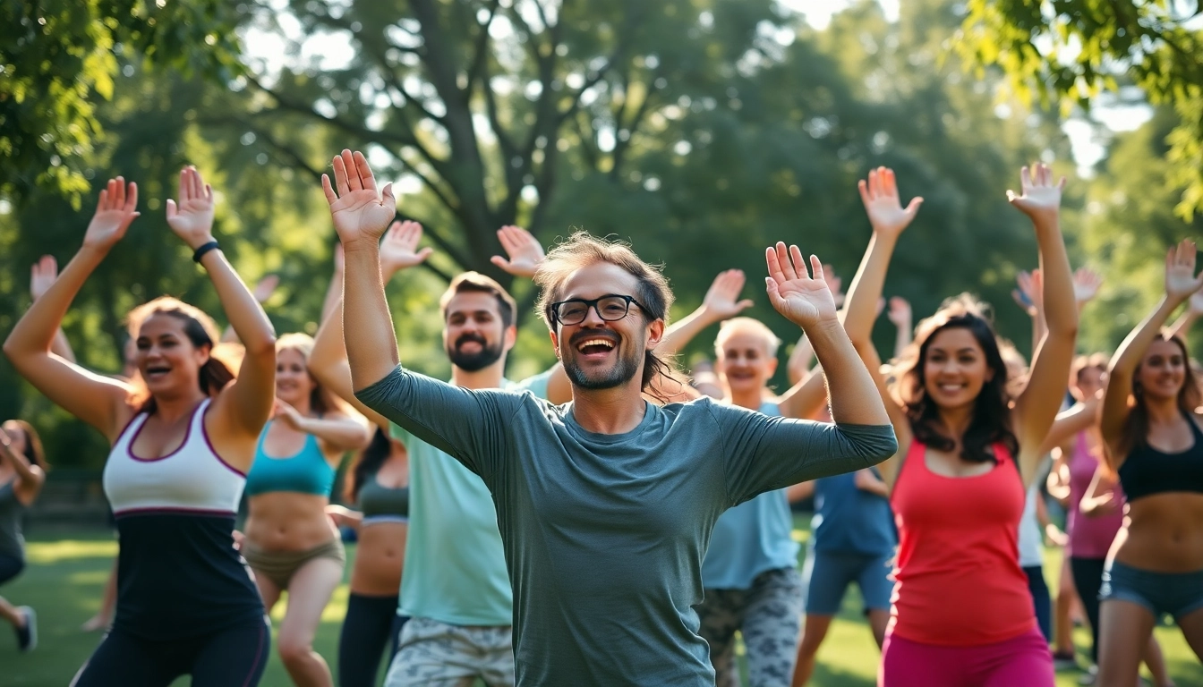 Group of individuals performing a morning workout outdoors, showcasing teamwork and fitness.