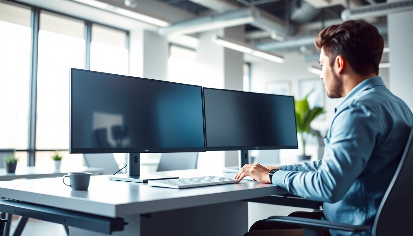 Setting up dual monitor install with a user connecting cables in a sleek office environment.