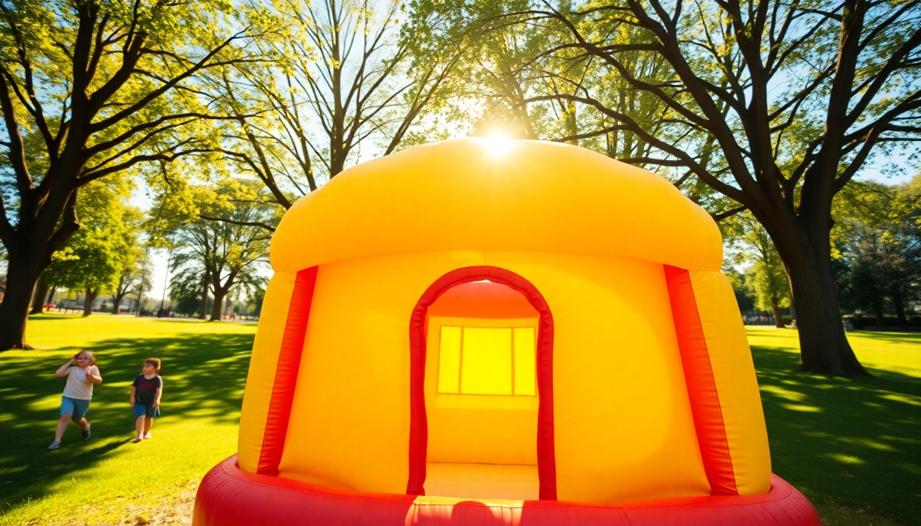 Children joyfully jumping inside a colorful bouncing house at a sunny park.