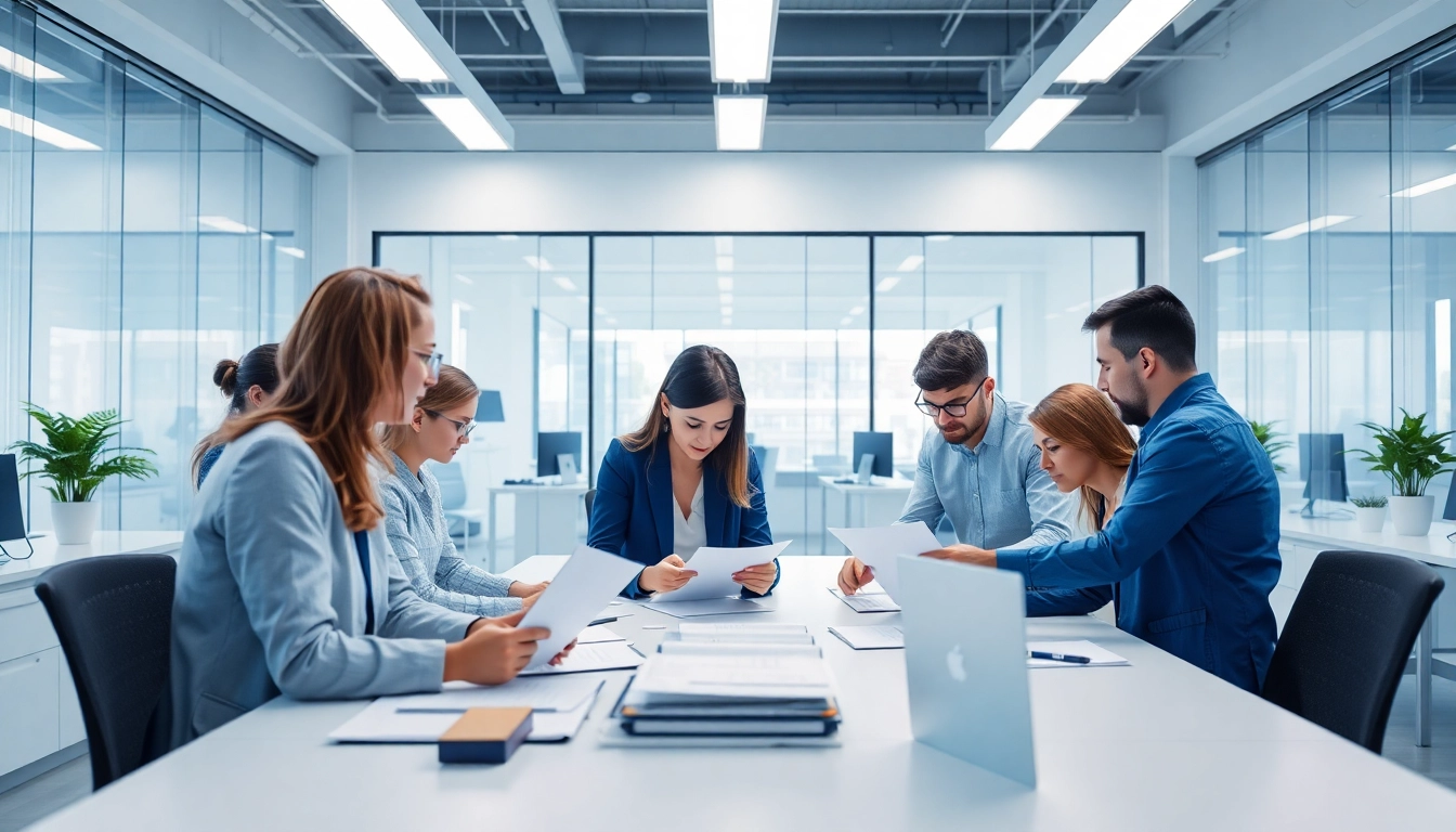 Outsourcing professionals collaborating in a modern office, showcasing teamwork and efficiency