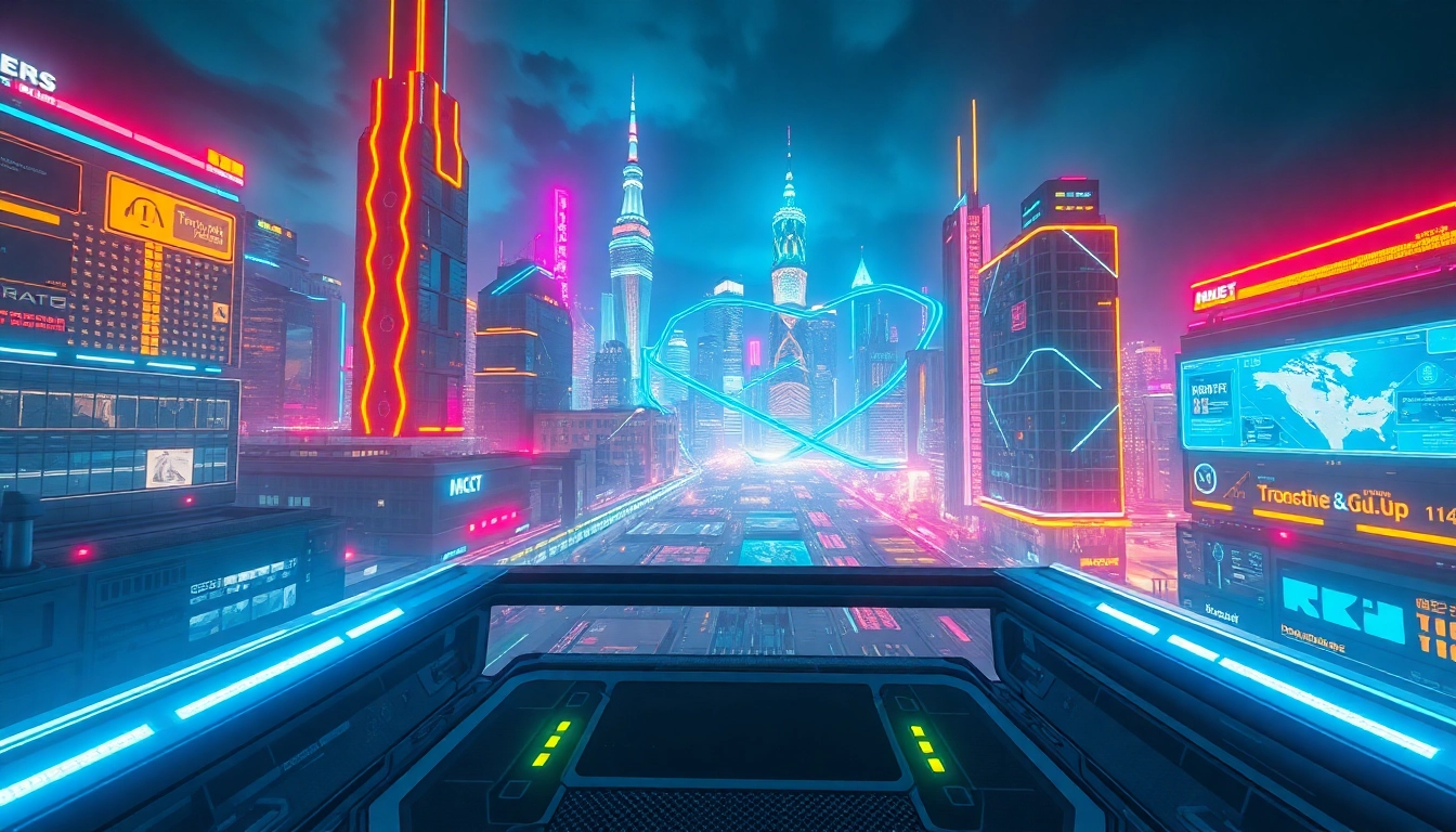 Tech-inspired urban skyline showcasing innovative gadgets with vibrant neon lights.