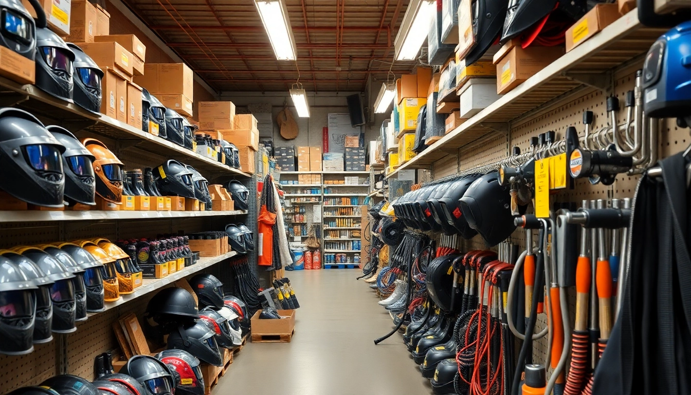 Explore a wide range of welding supplies including helmets and tools displayed attractively in a store.