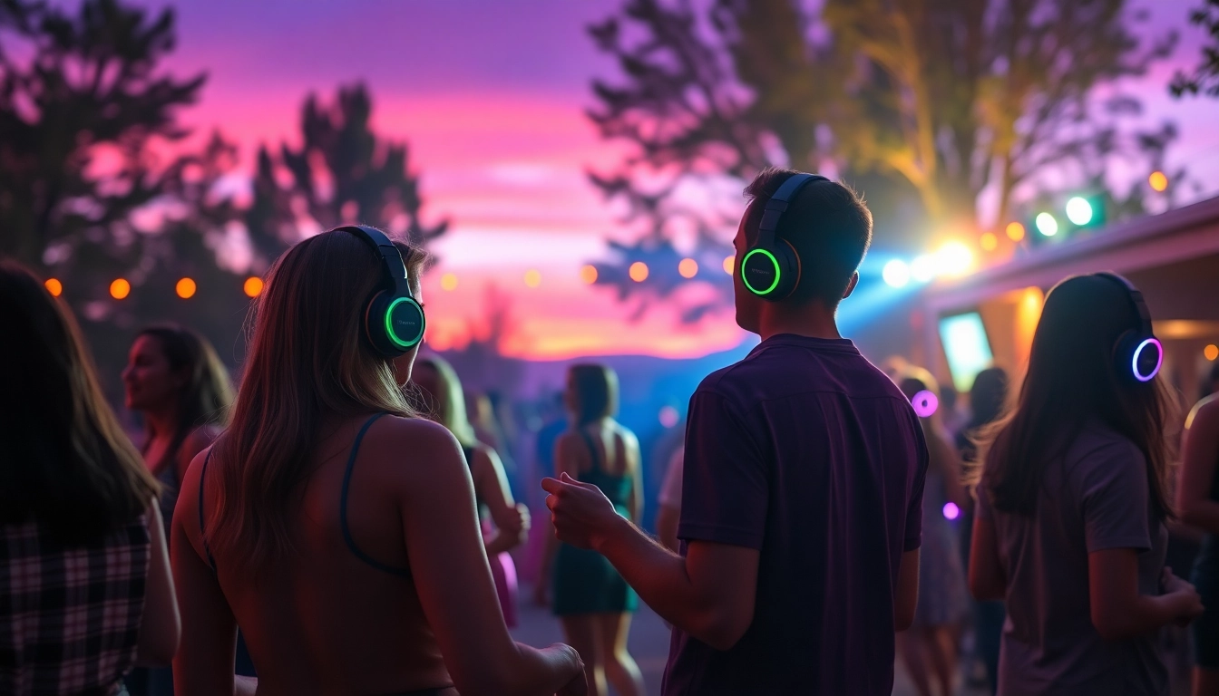 Participants enjoying a Silent Disco Colorado Spring event with colorful headphones under a beautiful sunset.