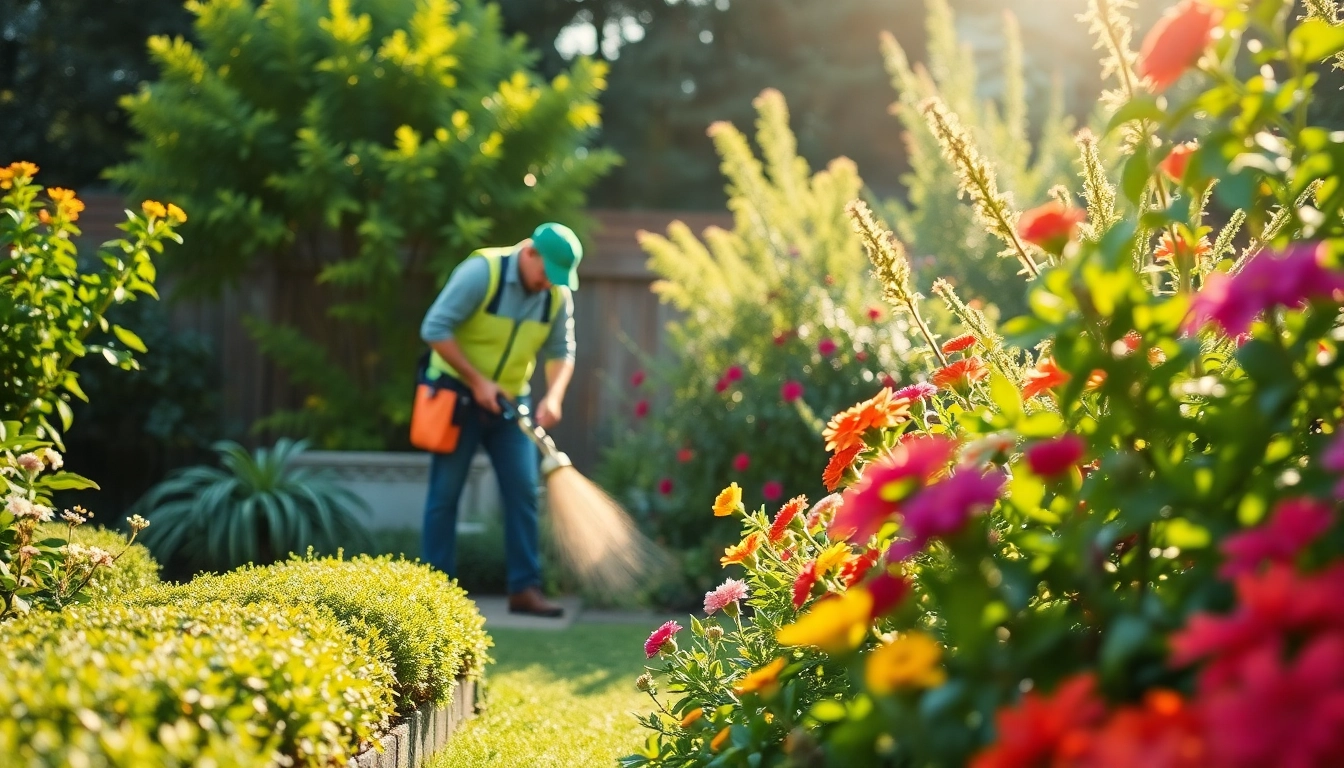 Professional applying a garden maintenance service in a vibrant garden setting.