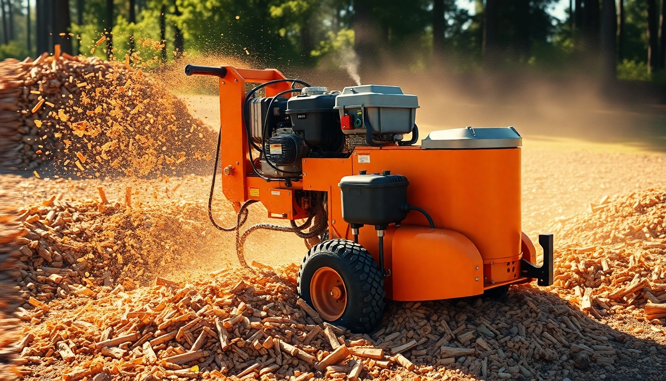 Stump Grinder efficiently grinding tree stumps, surrounded by wood chips, showcasing its powerful design.