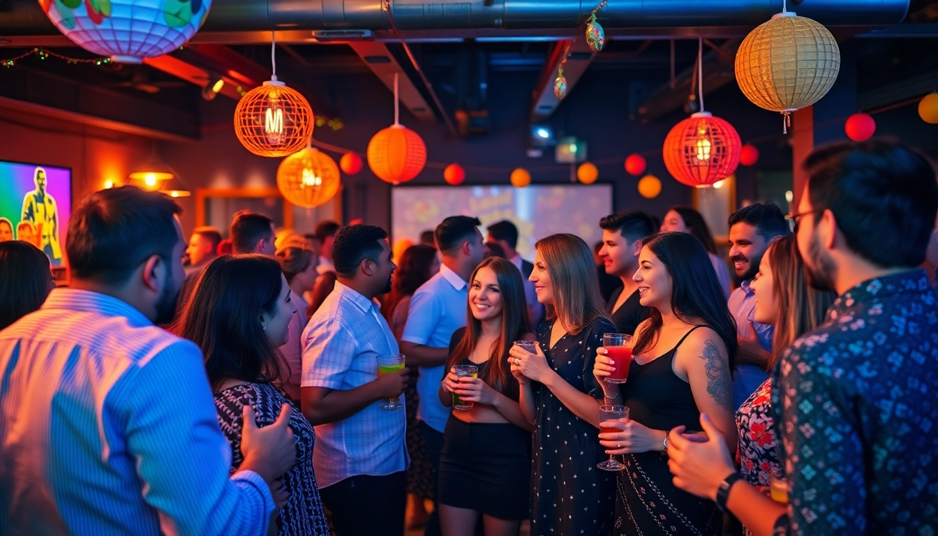 Engaging after work party atmosphere with colleagues enjoying vibrant drinks and warm lighting.