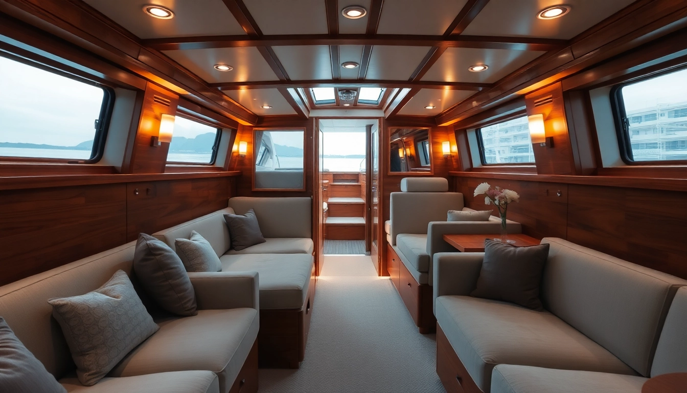 Experience a cozy boat cabin with elegant wooden details and comfortable seating for relaxation on the water.