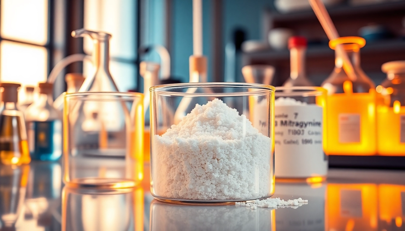 Highlight 7 hydroxymitragynine bulk in clear glass containers arranged neatly on a lab bench.