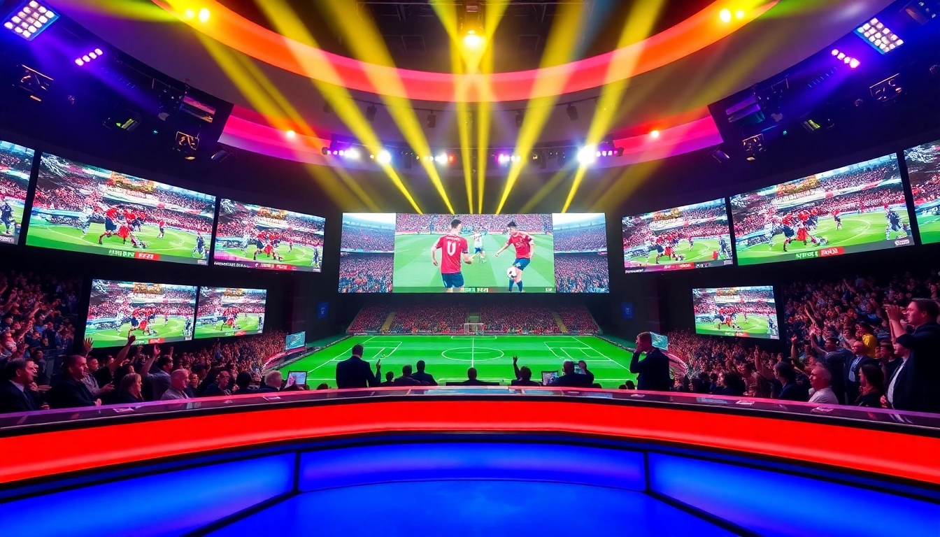 Watch thrilling EPL중계 matches in a lively sports broadcasting studio filled with screens and fans.