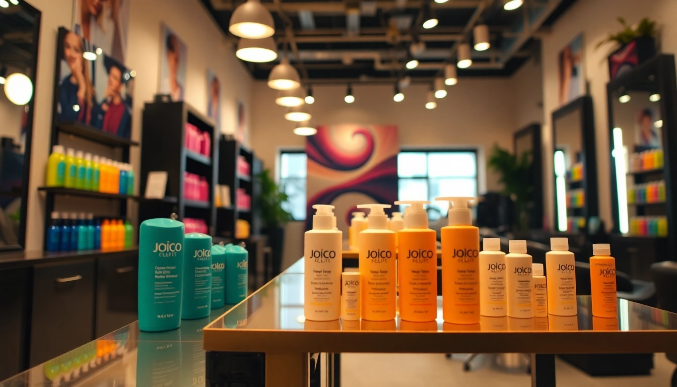 Salon Haarpflege von Joico displayed prominently in a beautifully arranged salon environment.