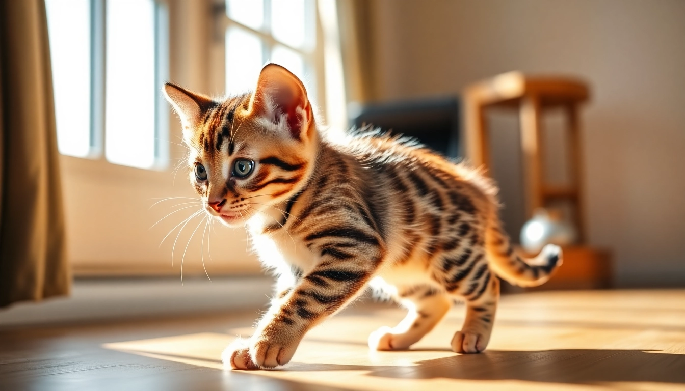 Playful Bengal kitten in a sunlit room by a Registered Bengal Breeder, showcasing its unique rosetted coat.