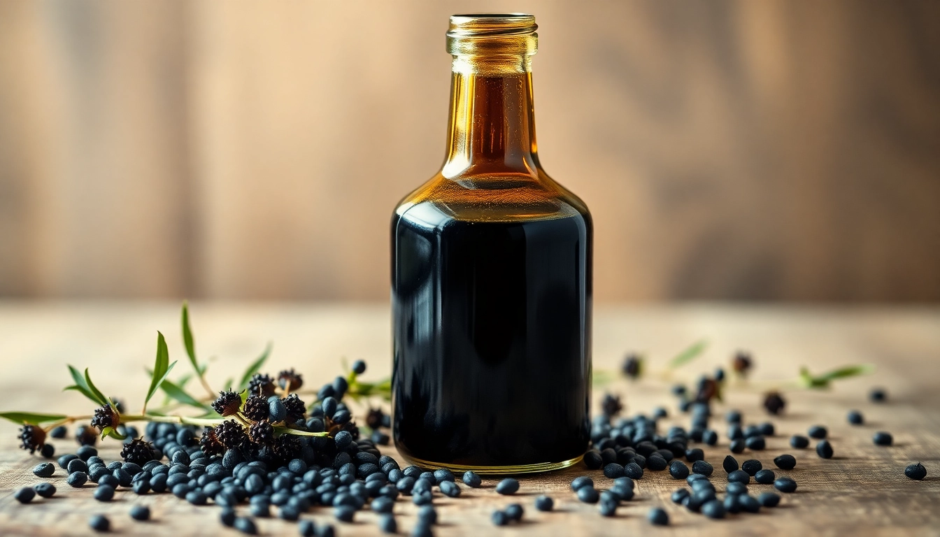 Apply black seed oil from a dark glass bottle surrounded by Nigella sativa seeds on a wooden table