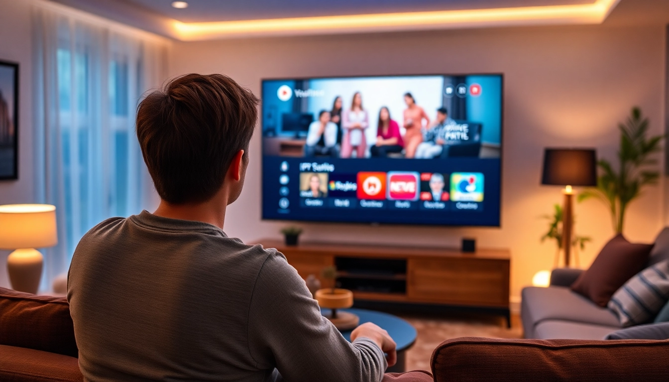 Experience an IPTV trial with easy access to thousands of channels in a cozy living room setting.