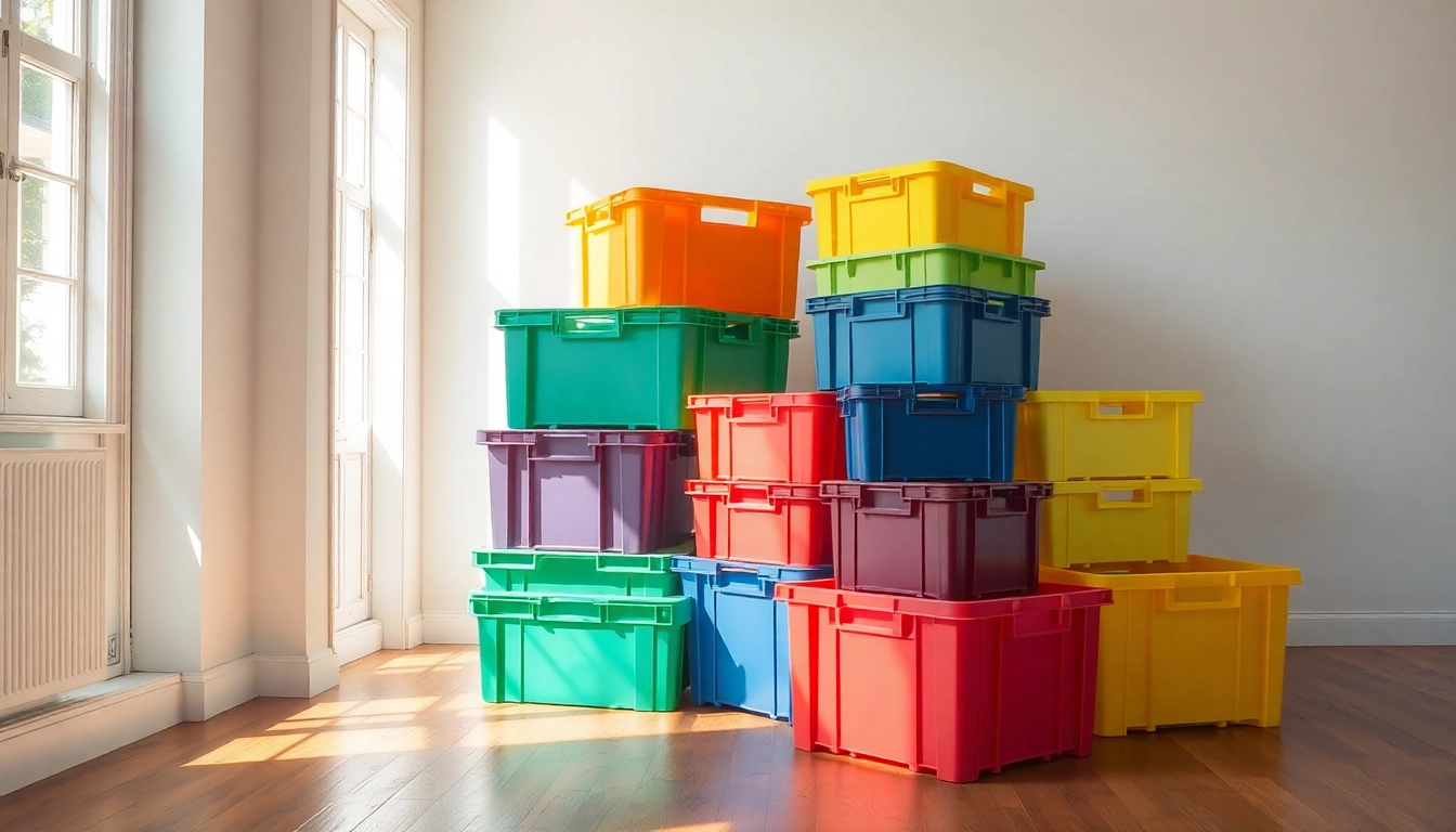 Stacking vibrant moving crates highlights their utility and durability in modern moving solutions.