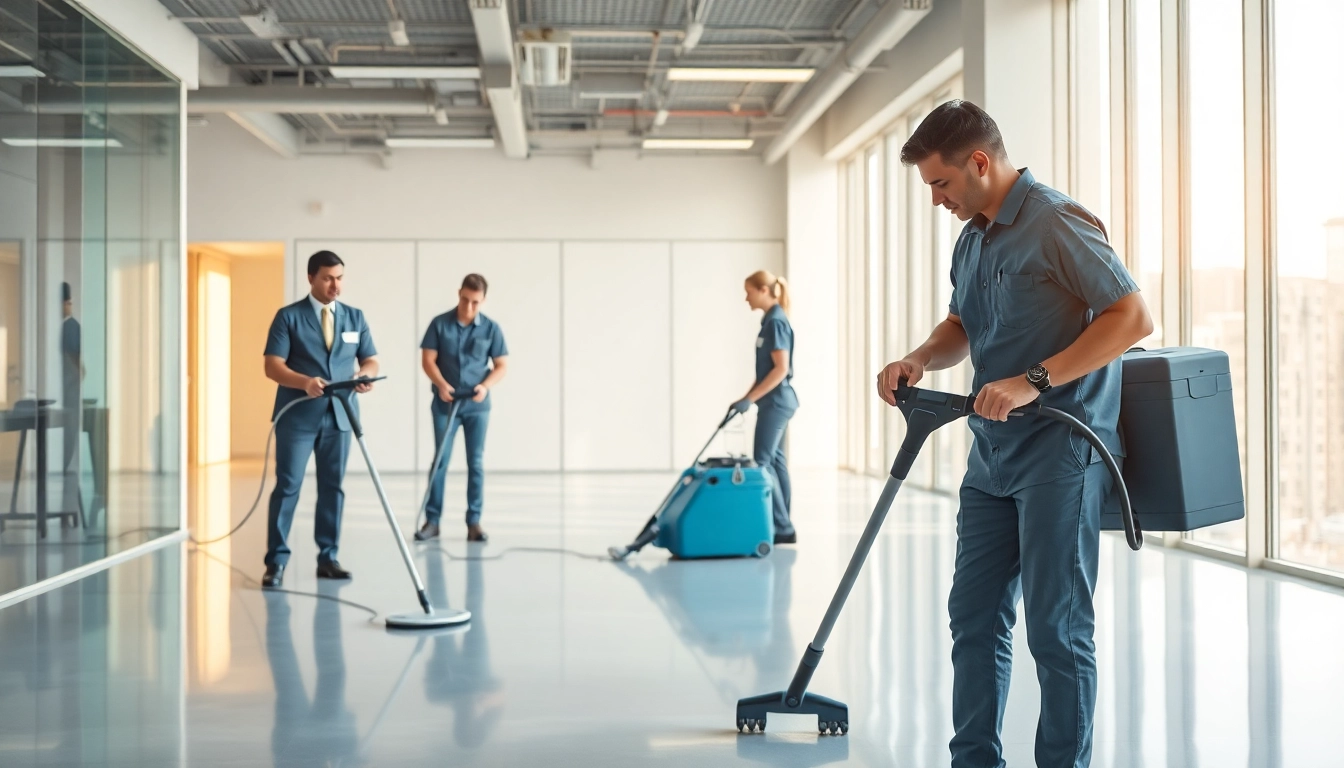 Jacksonville commercial cleaning team efficiently sanitizing a modern office space.