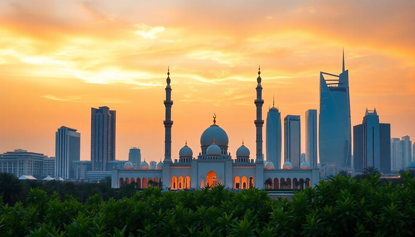 Experience the best of Abu Dhabi's stunning skyline featuring the iconic Sheikh Zayed Grand Mosque at sunset.