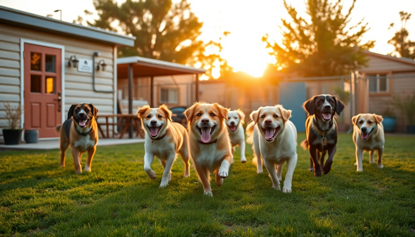 Enchanting dogs enjoying playtime at Kate's K9 Pet Care facility in a sunny outdoor setting.