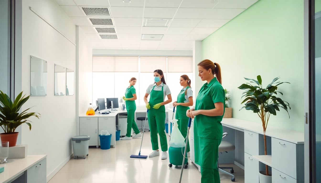 Team providing Jacksonville commercial cleaning services in a bright, eco-friendly office space.