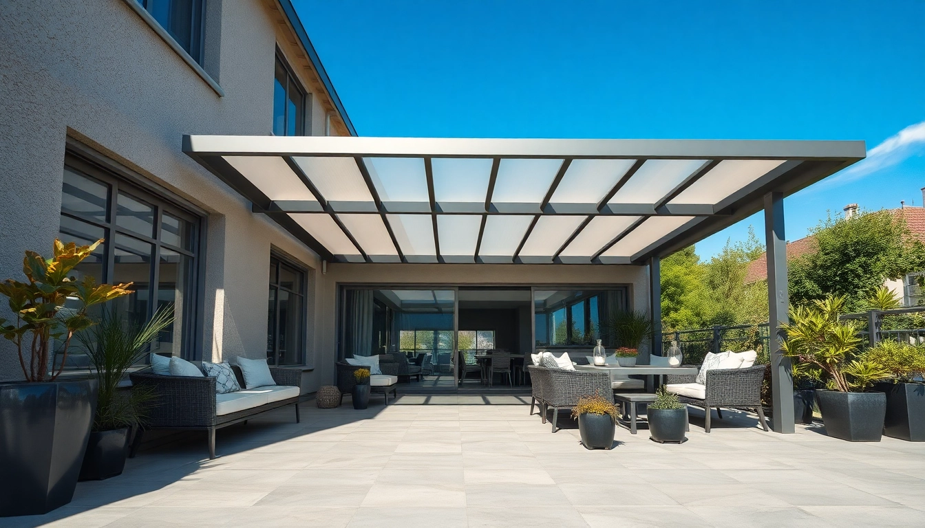 Genießen Sie den Blick auf eine elegante Terrassenüberdachung Alu, die Schutz und Stil vereint.