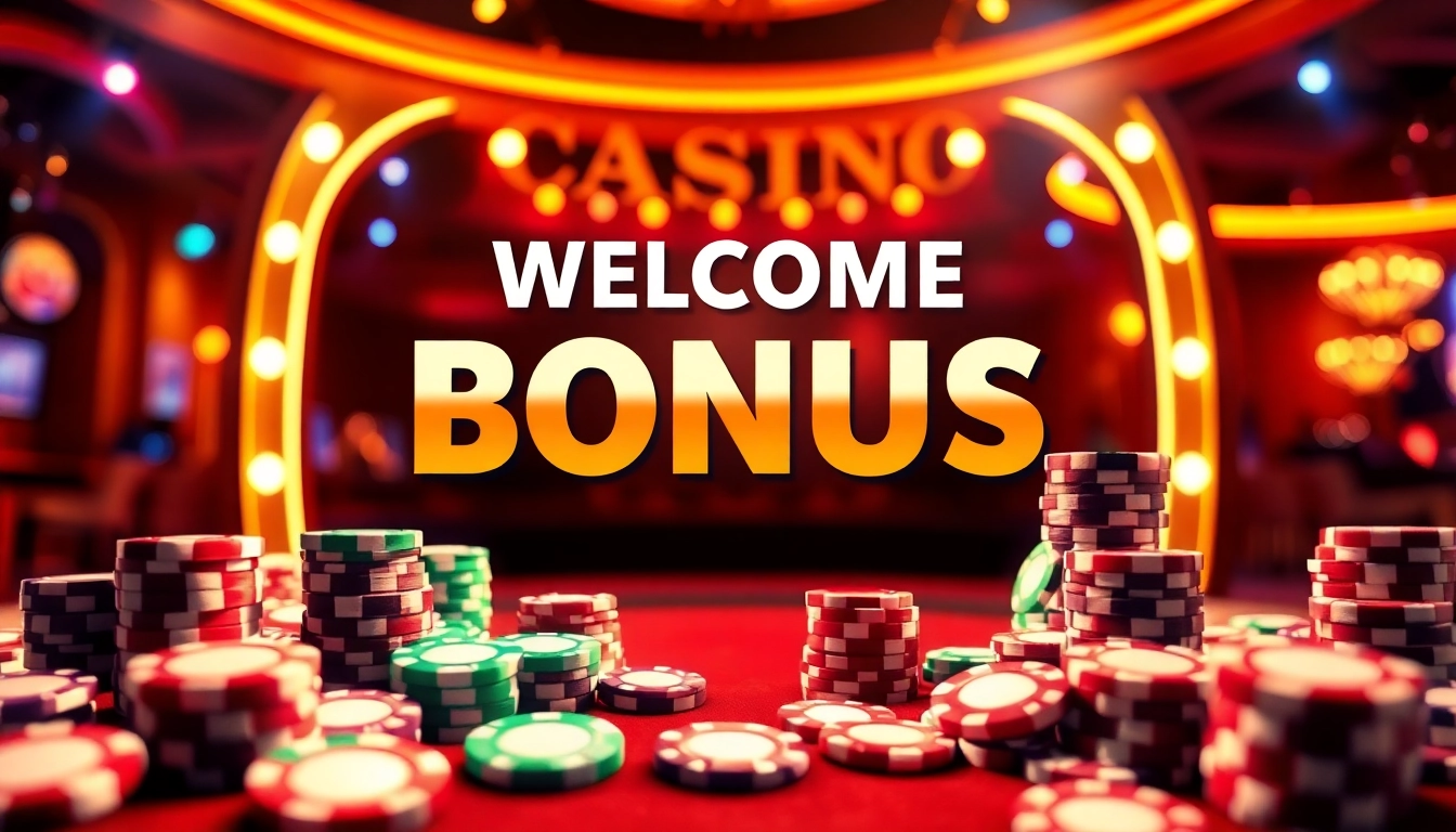 Claim your welcome bonus with vibrant casino chips and cards in a colorful, inviting atmosphere.