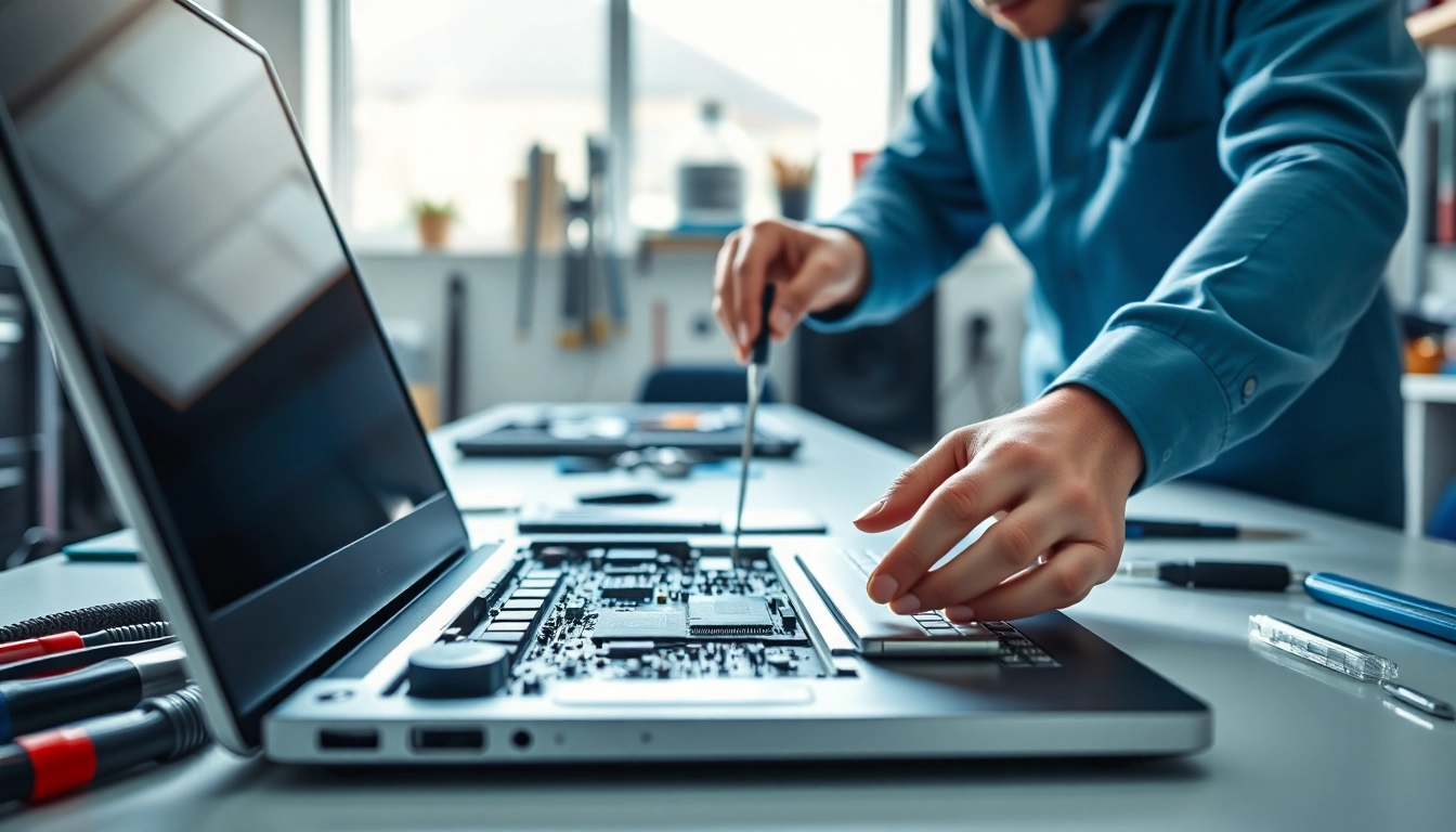 Riparazione pc torino: tecnico esperto che ripara un laptop in un ambiente di lavoro moderno.