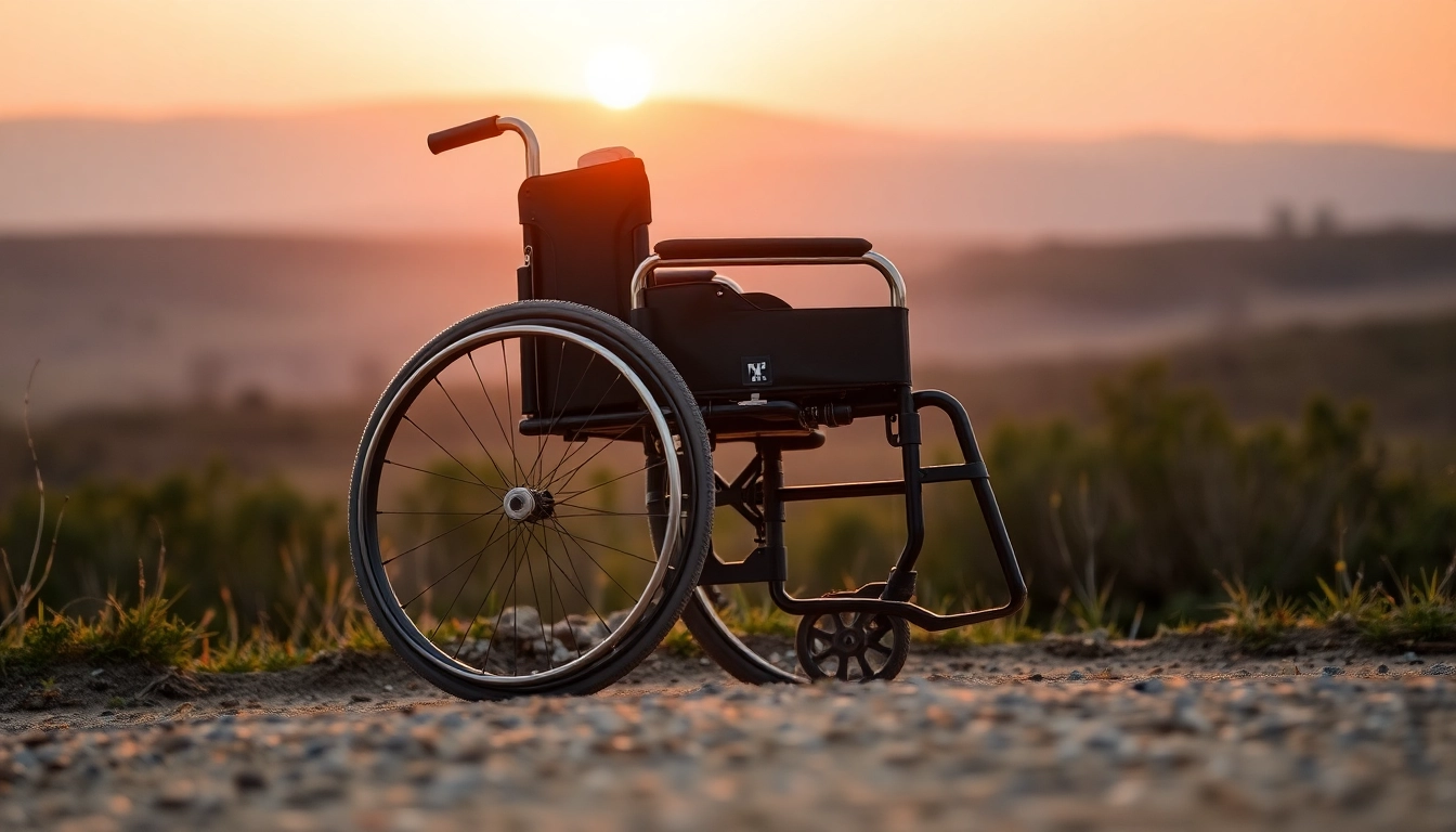 Manual wheelchair designed for comfort on a scenic path during sunset.