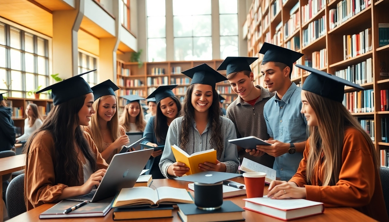 Students collaborating in a library focused on their graduate degree studies for a bright future.