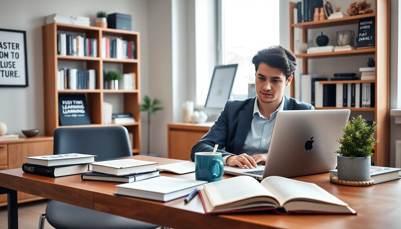 Engaged student studies to buy distance learning masters degree in a cozy home office.