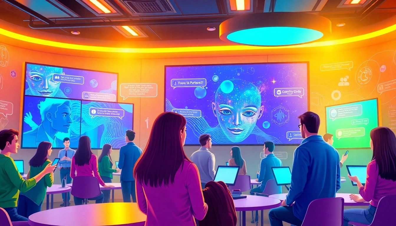 Engaging scene of users enjoying unfiltered AI chat in a vibrant virtual environment.