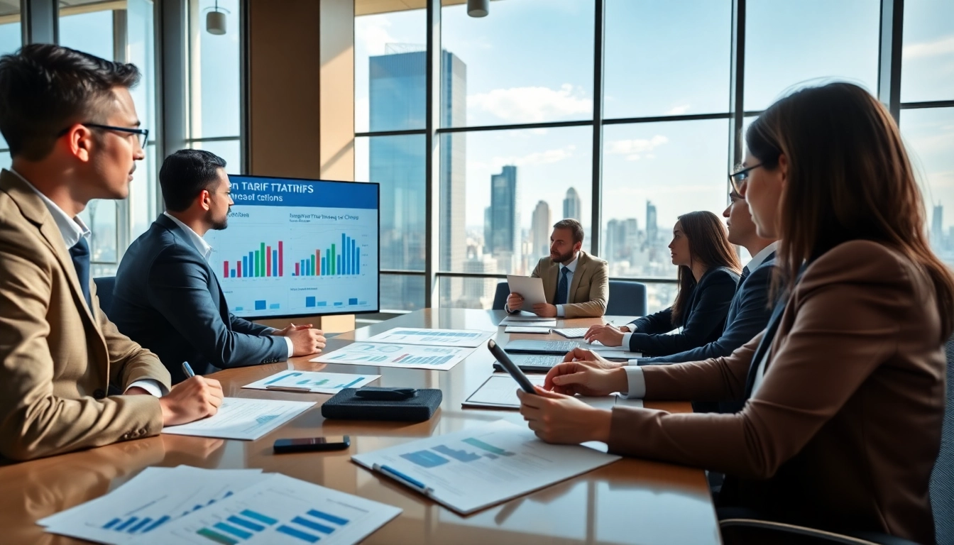 Discussing import tariffs China strategies during a professional meeting with data charts.