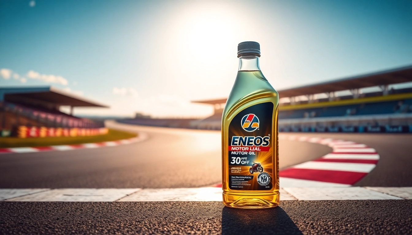Experience ENEOS motor oil showcased in a dynamic racetrack setting, emphasizing performance and quality.