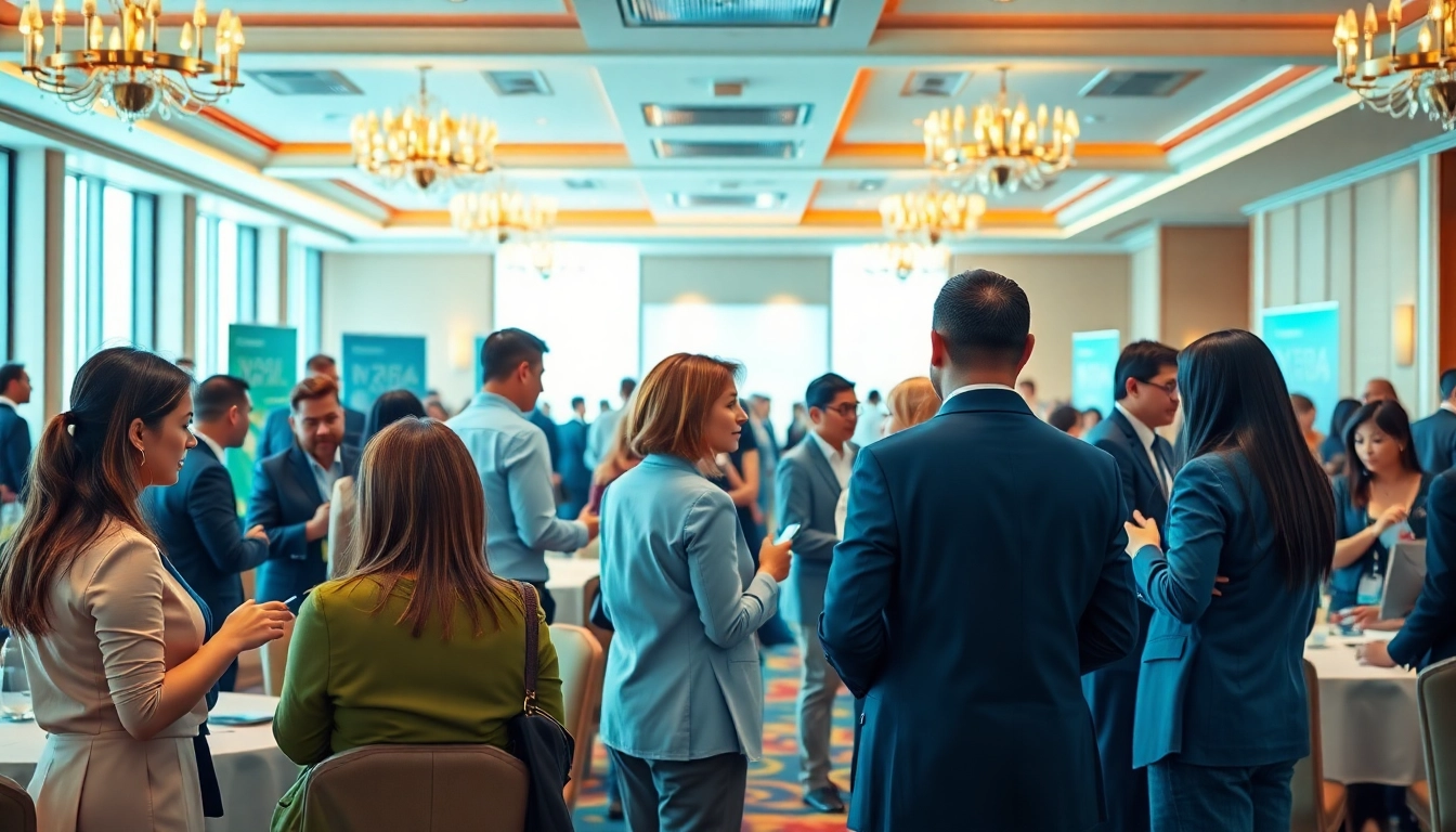 Networking professionals engaging in conversations at an elegant event.