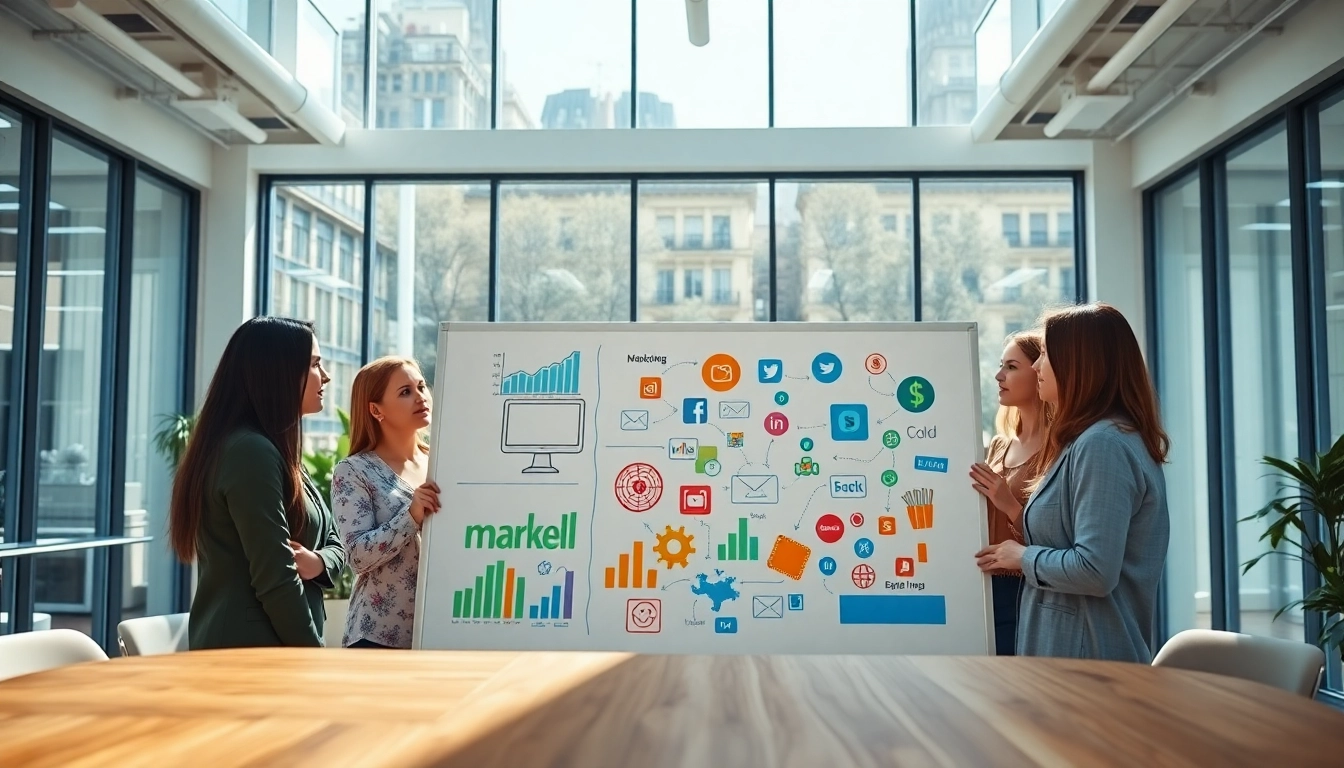 Creative team at a social media agency brainstorming marketing strategies, surrounded by digital icons.