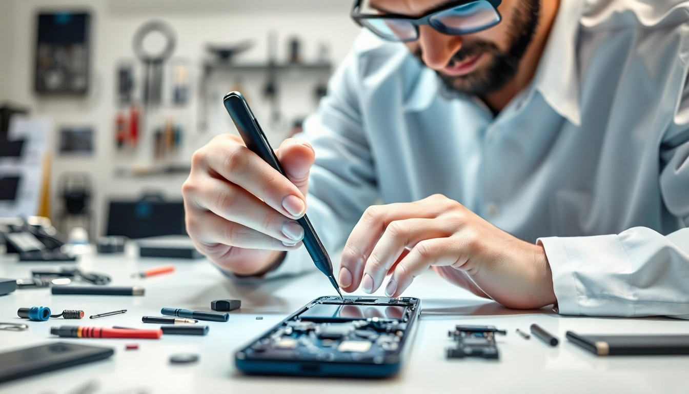 Riparazione cellulari Torino: un tecnico specializzato lavora su uno smartphone in un ambiente professionale.