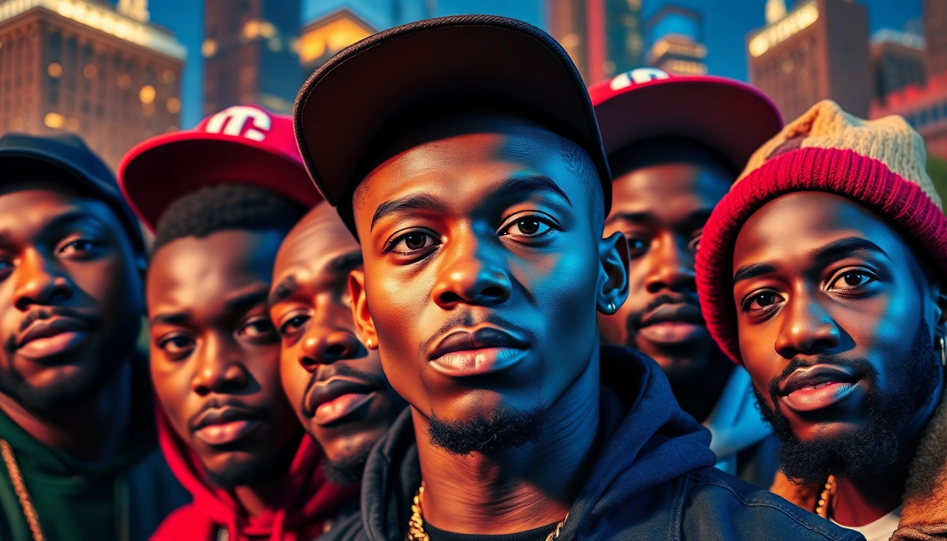 Dynamic portrayal of Chicago hip-hop artists in urban setting highlighting their unique styles.