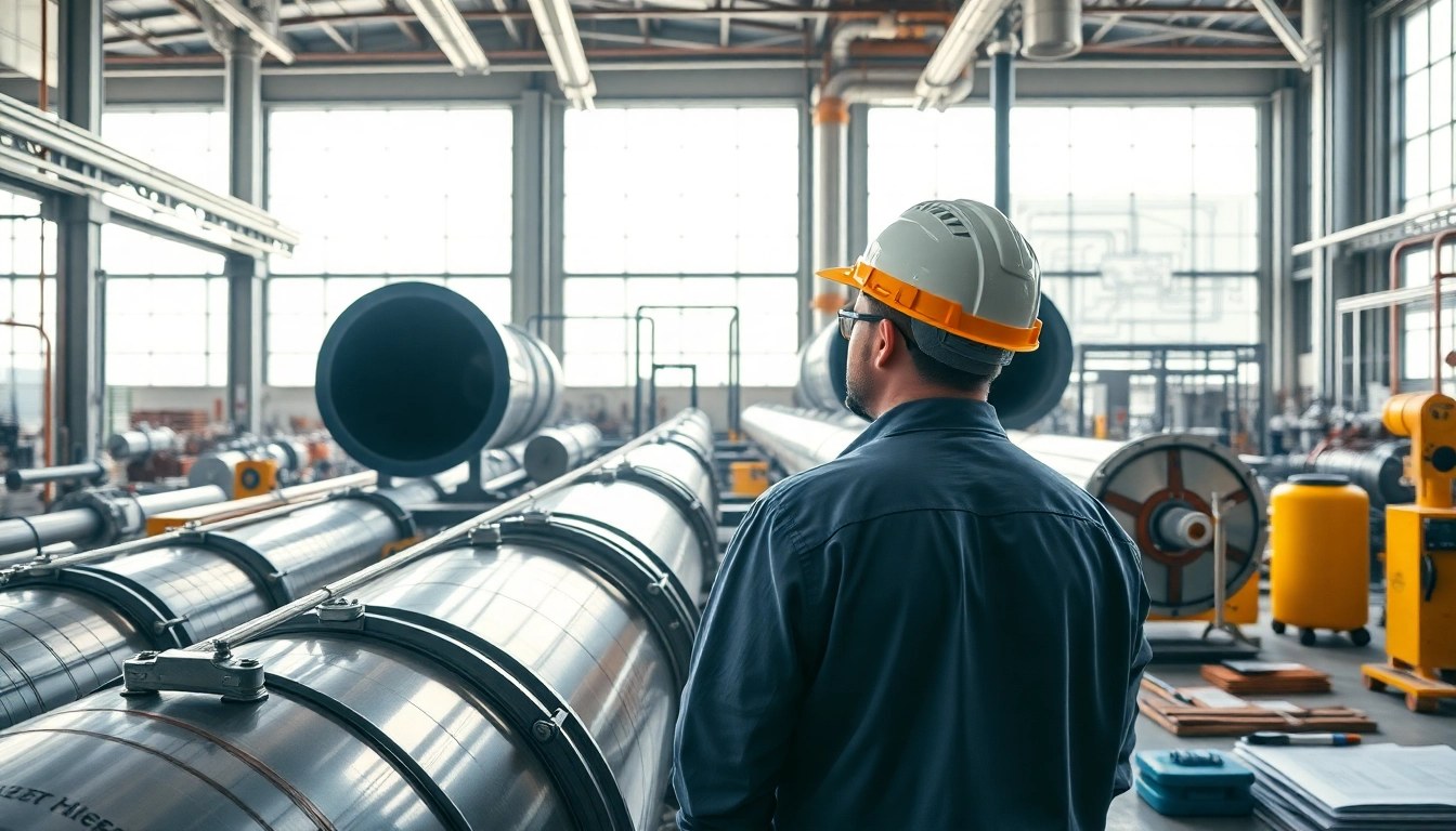Engineers from piping stress analysis company inspect complex piping system in a professional setting.