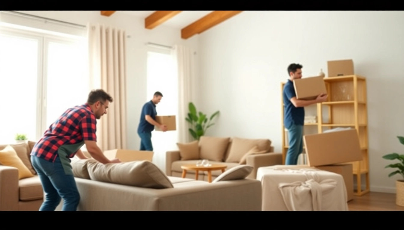 Moving team from Umzugsfirma Erlangen expertly packing furniture in a bright living room.