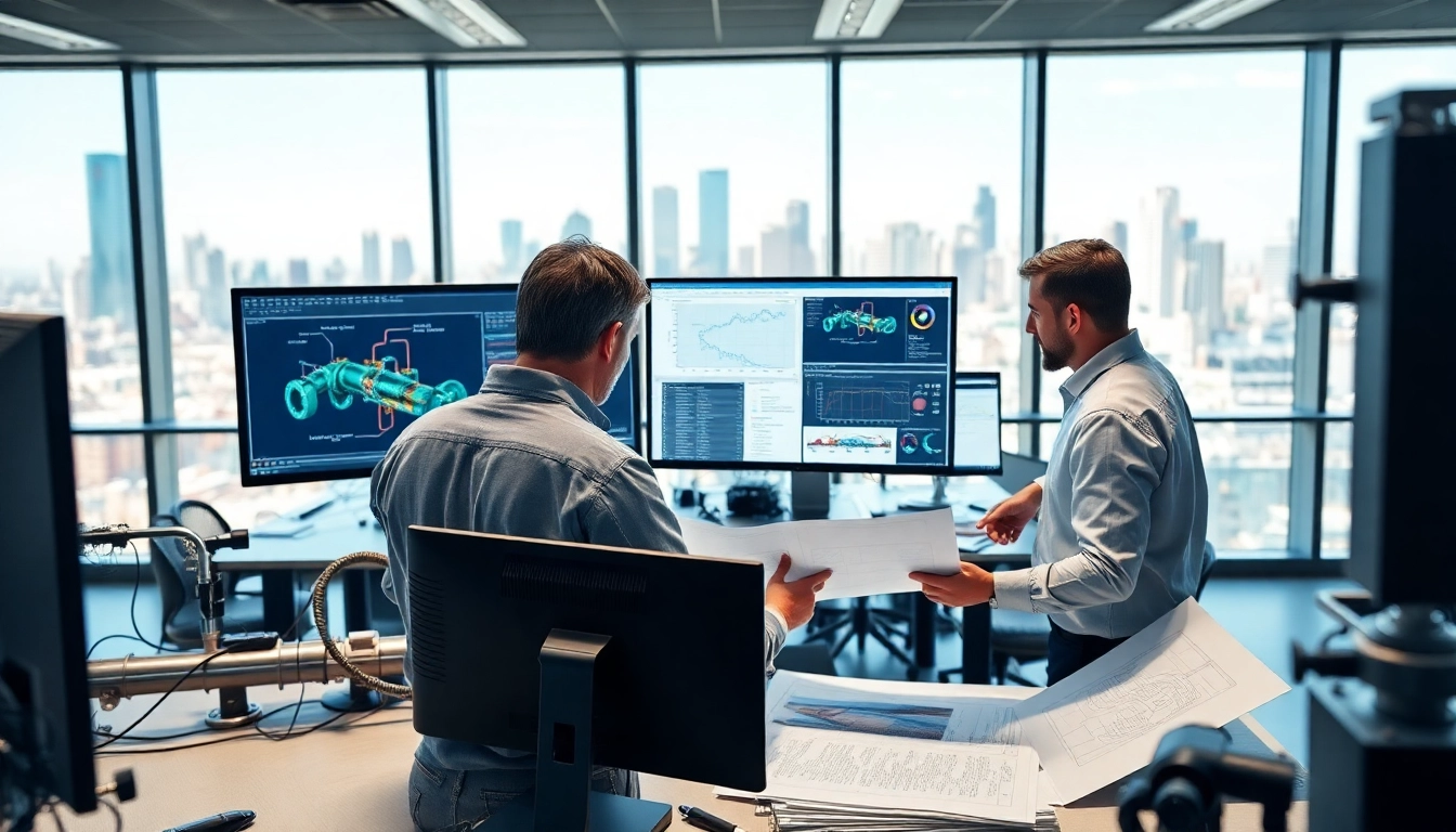 Piping stress Analysis Company engineers analyzing piping systems with advanced technology in a modern office.