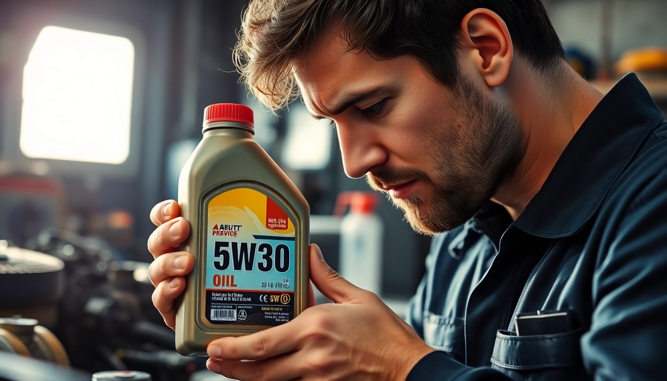Examining engine 5W30 oil in a professional garage environment, highlighting the oil's features.
