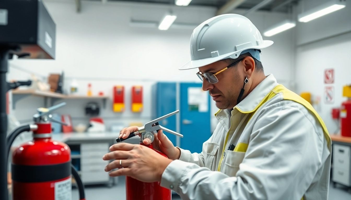 Fire extinguisher servicing Birmingham technician performing maintenance in a professional workshop.