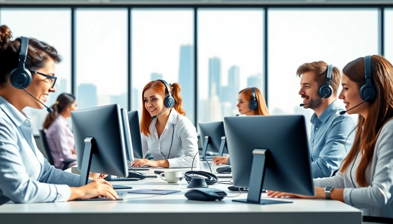 Enhance customer interactions with professional call center services team in a modern office setting.
